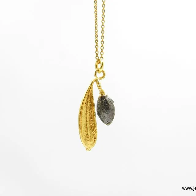 Dainty gold necklace with chain. Real Olive leaf and fruit 14k Gold and Black Rhodium on sterling silver