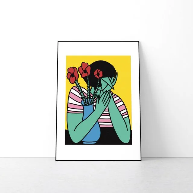 Girl with blue vase and poppies Fine Art Print