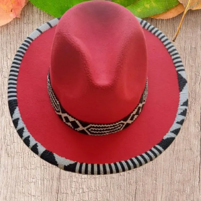 Zulu Beaded Fedora Hat (Doubled Layered) - Red Black & White Beads
