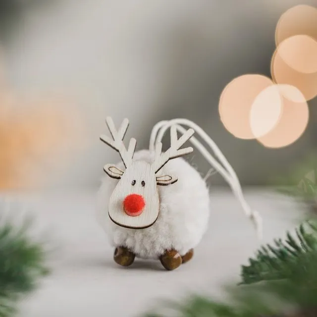 Cute Christmas Pom Pom/Wooden Elk Decoration - Cream