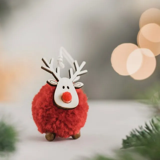 Cute Christmas Pom Pom/Wooden Elk Decoration - Red