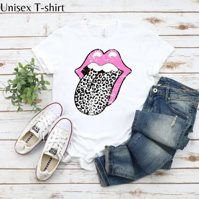 White Rolling Stones Leopard Pink Tongue Tee | Pink Lips Leopard Print Tongue T Shirt | Fashion Lover Shirt