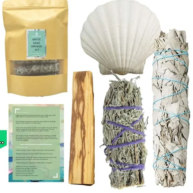 Raw Earth Beginners Sage and Palo Santo Smudging Kit, White Sage, Desert Sage & Palo Santo Smudge Stick Set with British Scallop Shell Smudging Gift Kit Home Incense