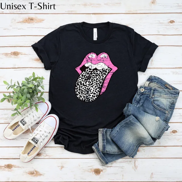 Black Rolling Stones Leopard Pink Tongue Tee | Pink Lips Leopard Print Tongue T Shirt | Fashion Lover Shirt