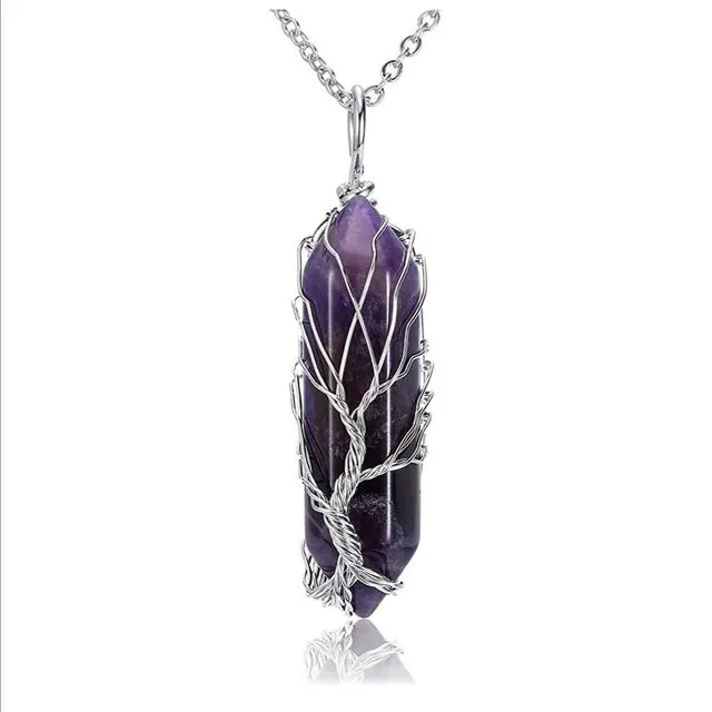 CrystalTears Amethyst Healing Crystal Stone Necklace Silver Tree of Life Wire Wrapped Natural Hexagonal Crystal Points Pendant Necklace for Women Christmas Gift