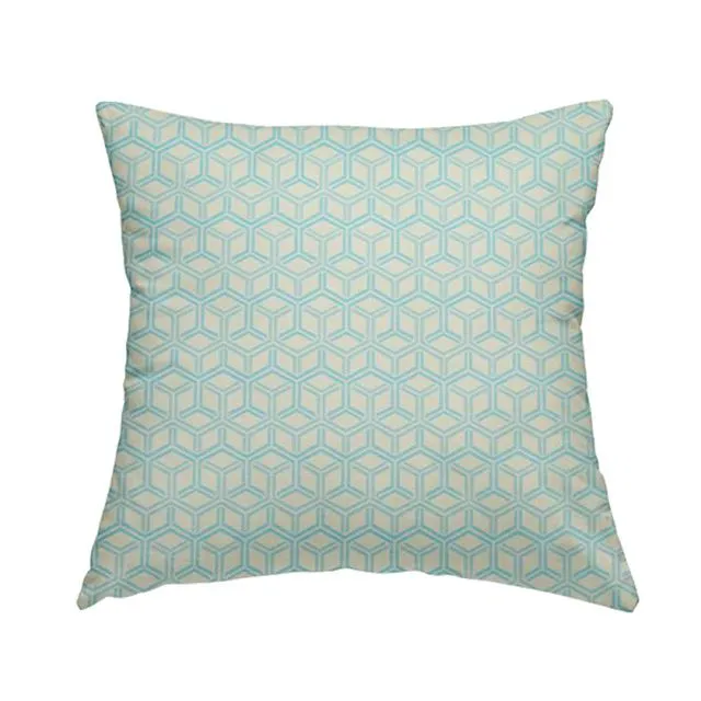 Chenille Fabric Geometric 3D Cube Blue Pattern Cushions Piped Finish Handmade To Order-Rectangle