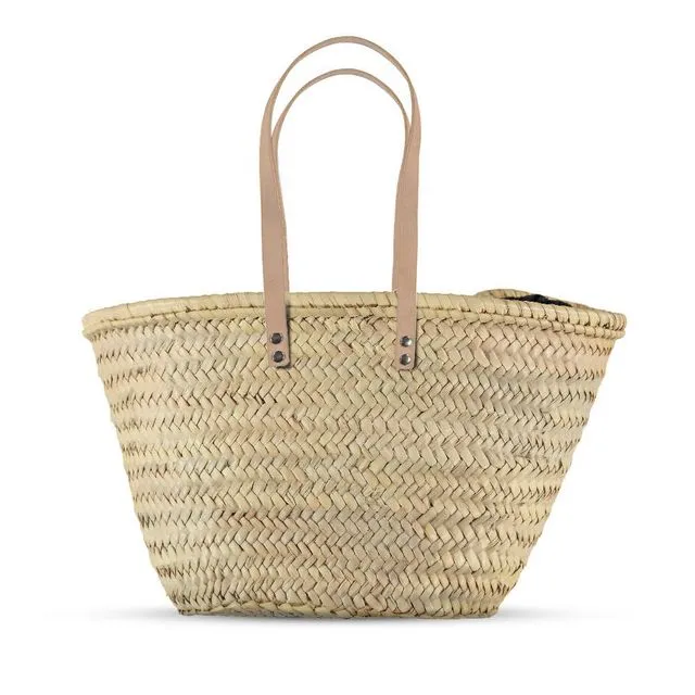 French Market Basket with leather straps, Moroccan Straw bag Beige