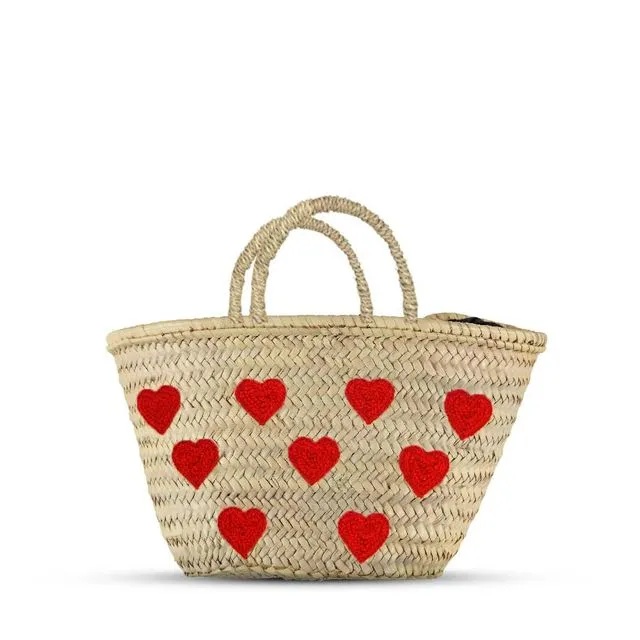 Heart French Market Basket - Straw bag - Bag with Heart Red