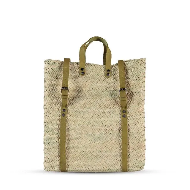 Straw Backpack with Leather Straps Light Brown