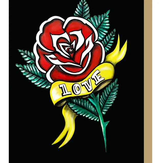 Love Tattoo Banner Rose Greetings Card