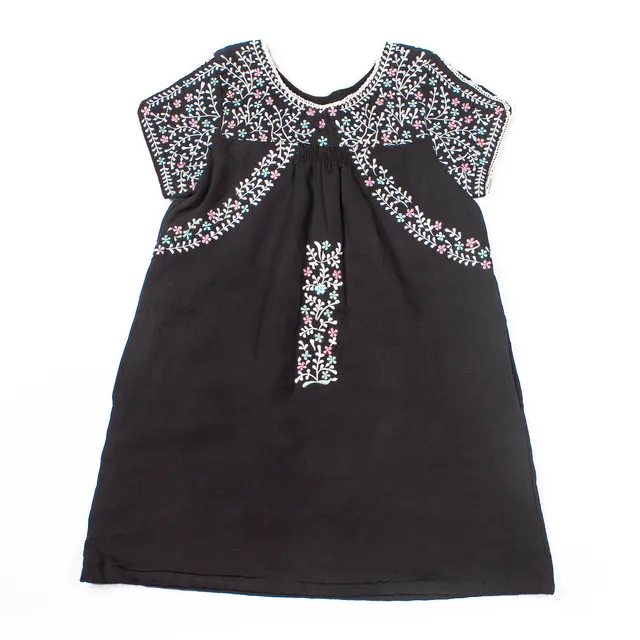 Girls Dark Grey Fairy Organic Linen Embroidered Short Shift Dress With Pockets