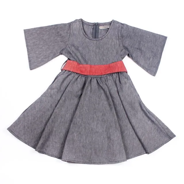 Girls Blue Organic Linen Blended Full Skirted Dress with 3/4 Fashion Bell Sleeves With Red Contrast Belt