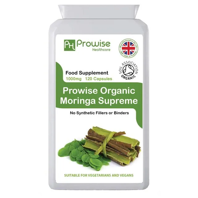 Organic Moringa Oleifera 1000mg per serving 120 Capsules | Suitable for Vegetarians & Vegans | Made In UK by Prowise