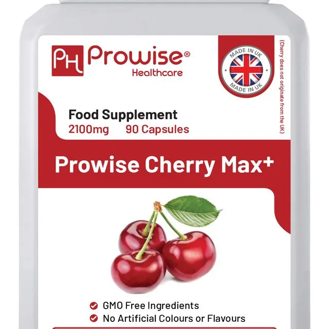 Cherry Max+ 2100mg Montmorency Cherry Added with Black Cherry I 90 Vegan Capsules High Strength I Made in The UK by Prowise Healthcare