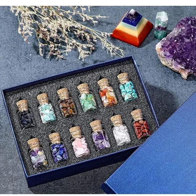 12 Mini Crystals Stone Chip Bottles Healing Crystal Tumbled Gemstone Wishing Bottles Wicca Stones Set for Balancing Meditation