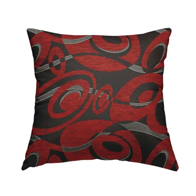 Chenille Fabric Shiny Swirl Red Silver Pattern Cushions Piped Finish Handmade To Order-Medium