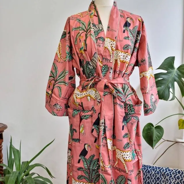 Pure Cotton Indian Block printed House Robe Summer Kimono | Floral Beach Coverup/Comfy Maternity Mom | Pastel Peach Safari Animal Print