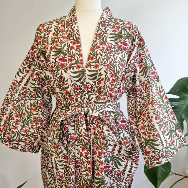 Pure Cotton Handprinted House Robe Botanical Kimono Pastel Innocent White Nature Temple Green Pink Floral Beach Coverup/Comfy Maternity