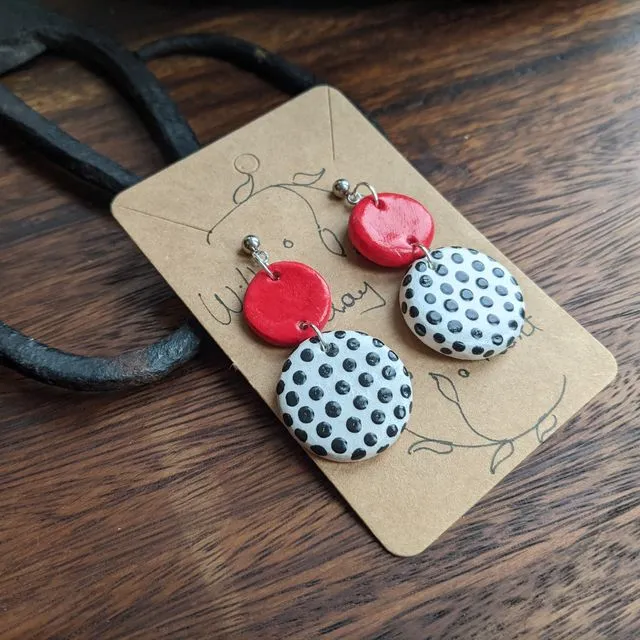 Polka dot earrings black, white & red, spotty clay earrings