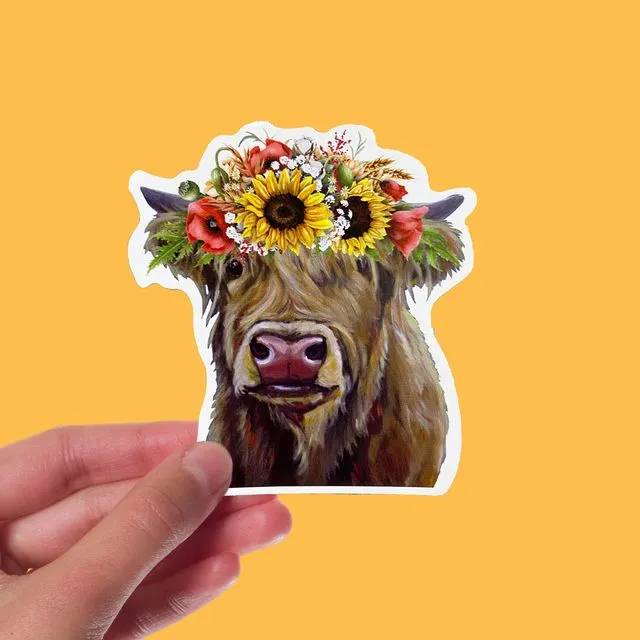 Sunflower Highland Cow Sticker, 4" Sticker, Cute Cow Sticker