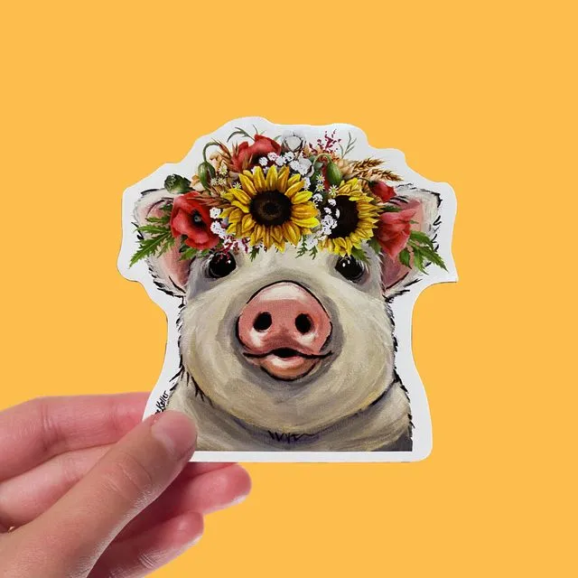 Sunflower Pig Sticker, 4" Sticker, Cute Pig Sticker