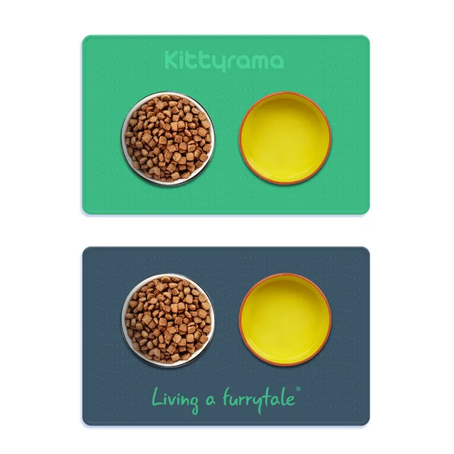 Kittyrama Dual-Sided Pet Food Mat. Mint Style (Green/Grey). Waterproof, Easy to Clean, Contains Mess