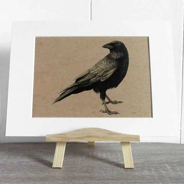 Crow print on natural recycled card, with mount kit.