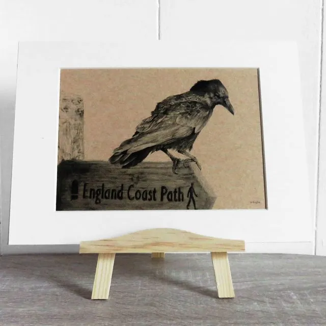 Crow on coast path sign print on natural recycled card, with mount kit.