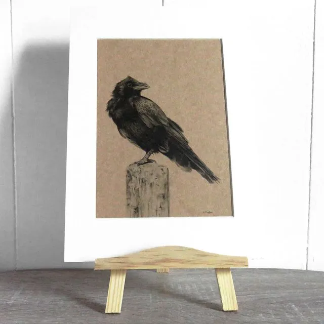Crow print on natural recycled card, with mount kit. Eco friendly wildlife art.