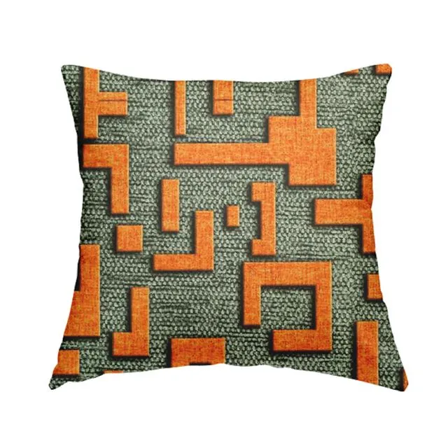 Velvet Fabric Geometric Grey Orange Pattern Cushions Piped Finish Handmade To Order-Small