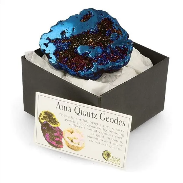 Bright Rainbow Celestial Aura Quartz Geode Cluster Druzy Crystal Healing Mineral Gift-Boxed perfect gift(Blue)