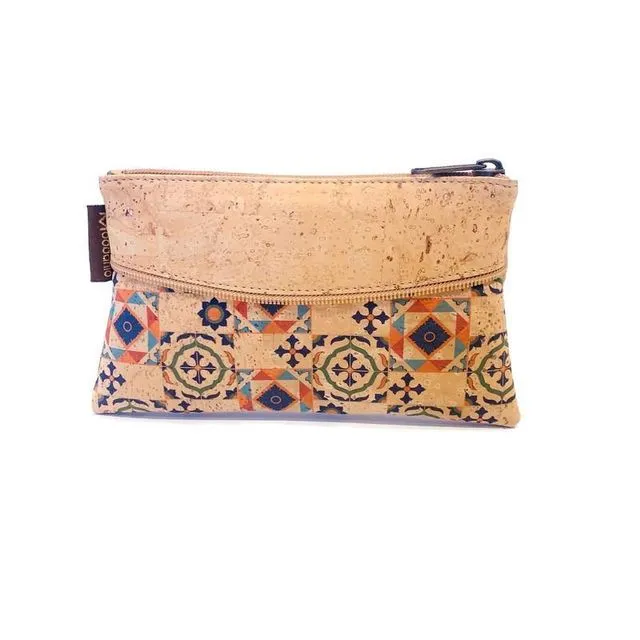 Cork Clutch Purse and Vegan Cosmetic Bag in Orange Tapestry