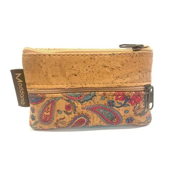 Cork Coin Purse and Small Coin Pouch in Bright Paisley Pattern
