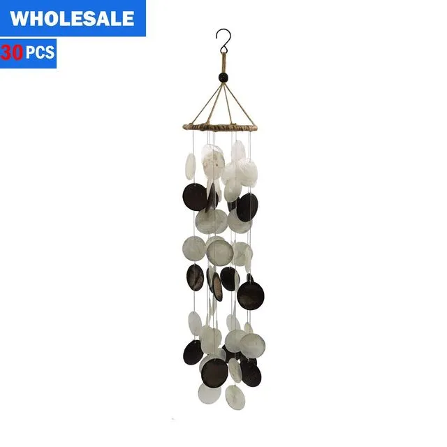 Wholesale-Ocean Series - Coconut Shell Wind Chimes Hemp Rope Black &amp; White 28 Inch-30 PCS/Case