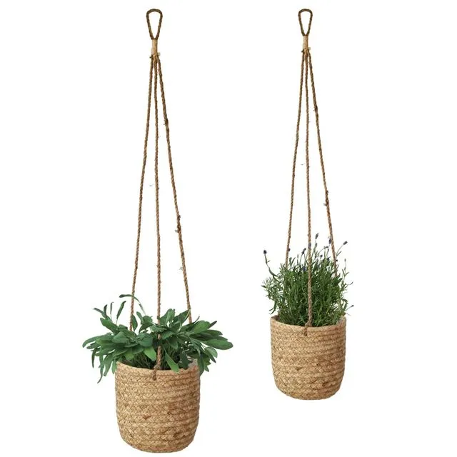 Woven Hanging Plant Pots with Waterproof Interior Plastic Coating for Indoor Garden and Balcony Decoration - WATER HYACINTH (SET 2)
