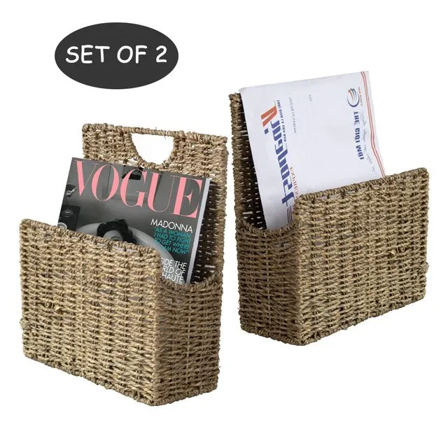 Set 2 Wall Mount Seagrass Wicker Magazine Holder and Mail Sorter Rack for Home and Office