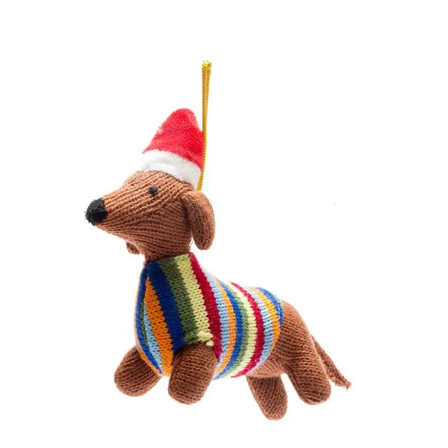Sausage Dog Christmas Tree Decoration with bright knitted jumper