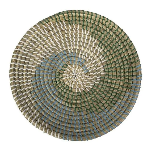 Natural Seagrass Woven Fruit Basket Bowl | Rustic Boho Decor Wall Hanging for Home Decoration and Display - Spiral Teal