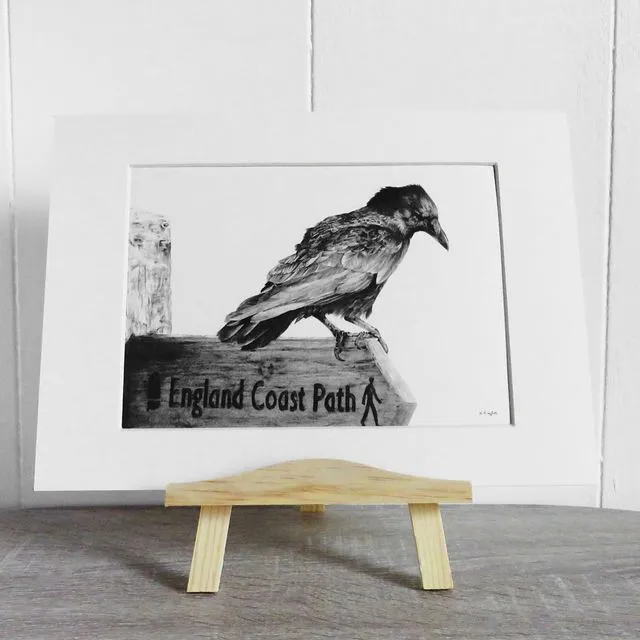 Crow on coast path sign print on white recycled card, with mount kit.