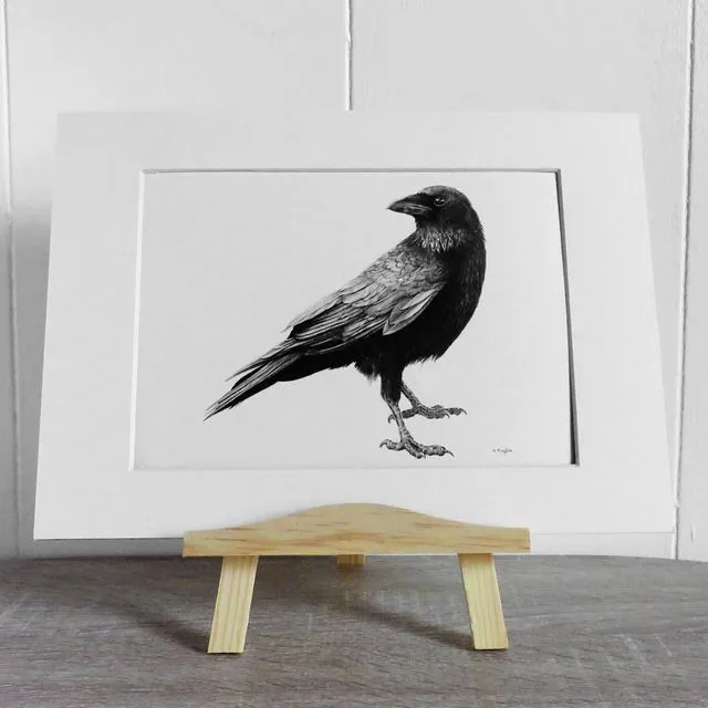 Crow print on white recycled card, with mount kit, eco friendly bird art.
