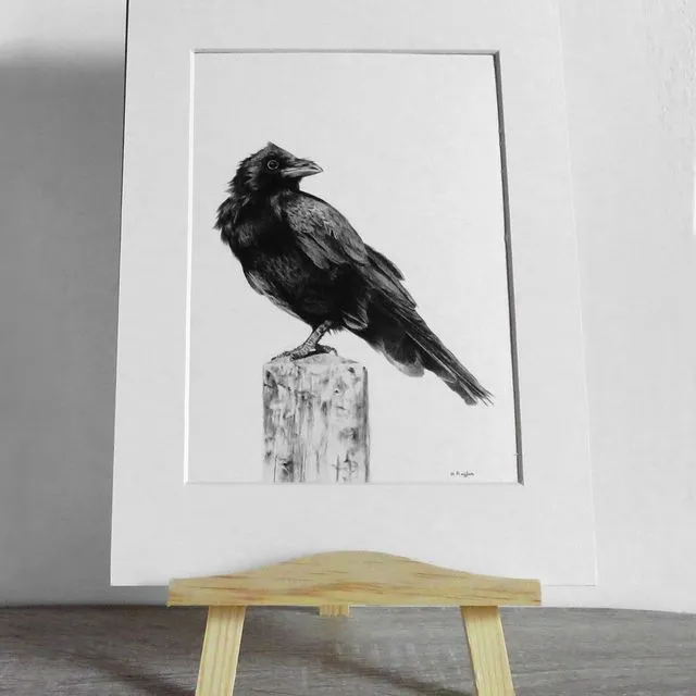 Crow print on white recycled card, with mount kit.