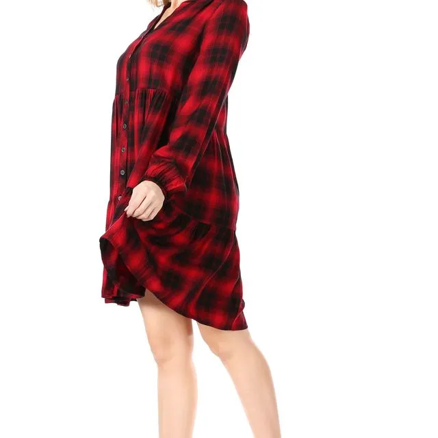 Red/Black Plaid, Button Front, Collarless Tab Dress with Gathered Elastic at Wrist and Gathered Tiered Panels (6 pcs) multiple sizes pack