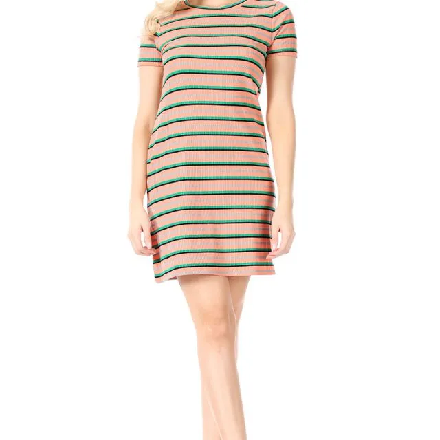 Coral and Green Striped Short-Sleeved T-Shirt Mini-Dress (6 pcs) multiple sizes pack