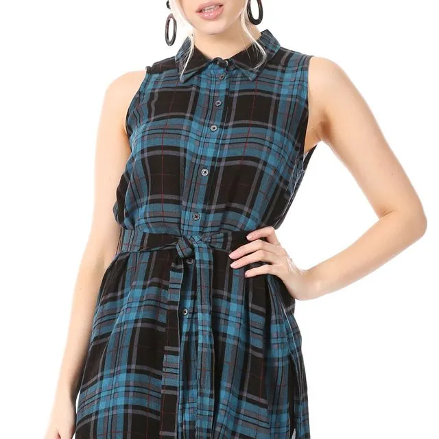Blue/Black Plaid, Sleeveless Tunic, Button Front, Shirt-Style Collar with Self-Tie Belt (12 pcs) multiple sizes pack