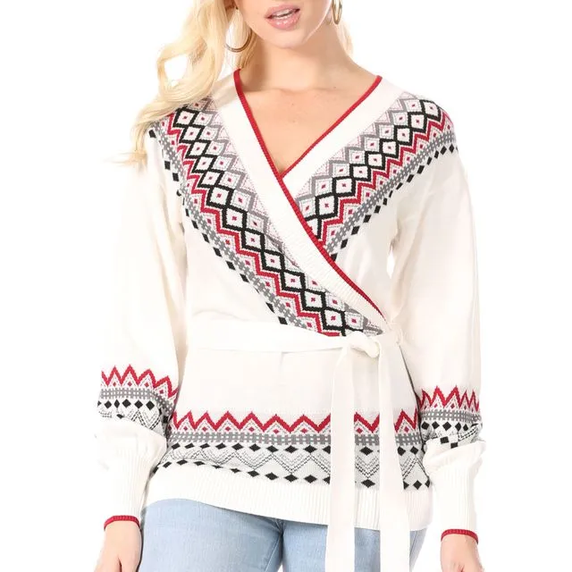 White Wrap-Front Sweater with Black, Red & Grey Geometric Design Along V-Neck, Sleeves and Hemline in Front, Self-Tie Belt (8 pcs) multiple sizes pack