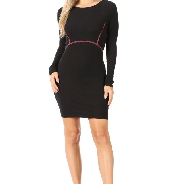 Black Rib-Knit Long-Sleeved Mini-Dress with Contrasting Pink Stitching on Front Seams, Pink Zipper Closure and Cut-Out Details in Back (5 pcs) multiple sizes pack