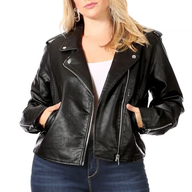 Black Leather-Look Jacket, Notched Lapel, Zipper Trim (6 pcs) multiple sizes pack