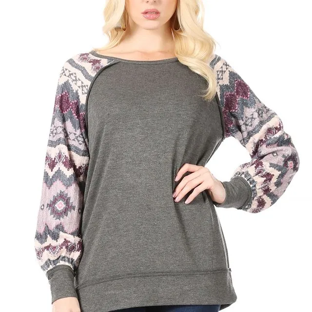 Dark Grey Sweatshirt with Geometric Pink/Mauve Design in Raglan Sleeve (6 pcs) multiple sizes pack