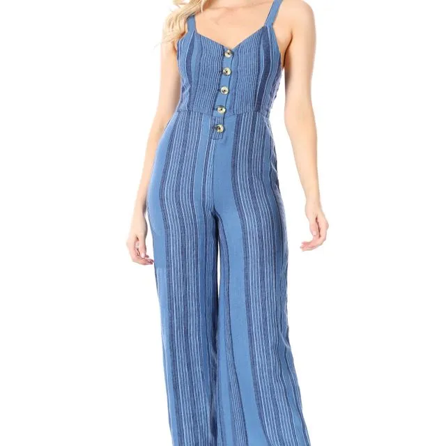 Multi-Blue Stripe, Fitted, Button Front, Open Back Jumpsuit, Back has Adjustible Tie and Straps and Elastic Waist (6 pcs) multiple sizes pack