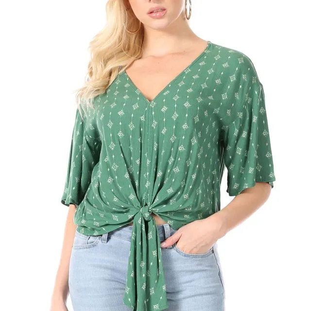 Short-Sleeve, Foilage Green Print Top, V-Neck with Loose Tie at Waist (5 pcs) multiple sizes pack